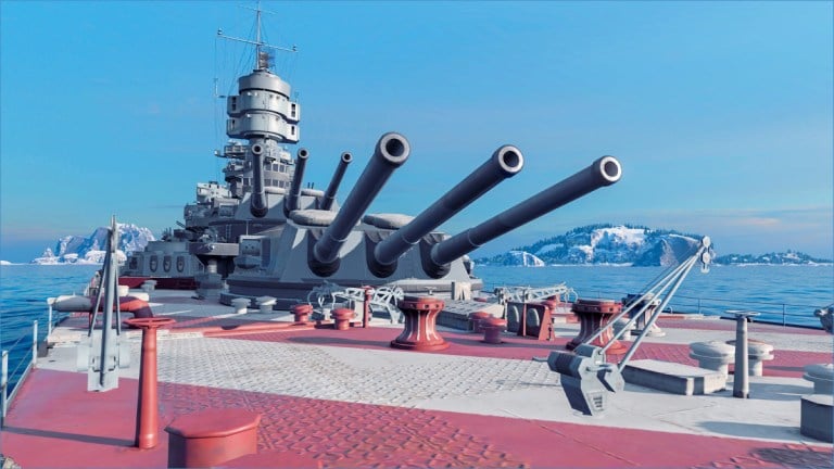 Guns on a ship in World of Warships pointed skyward.