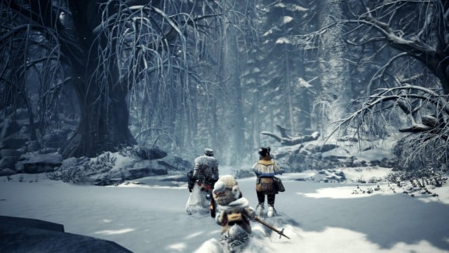 Players in Monster Hunter World in a snowy environment.