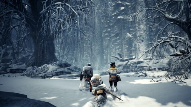 Players in Monster Hunter World in a snowy environment.