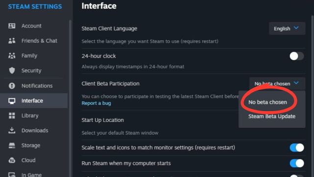 A screenshot of Steam's settings highlighting in red the option to disable beta client.
