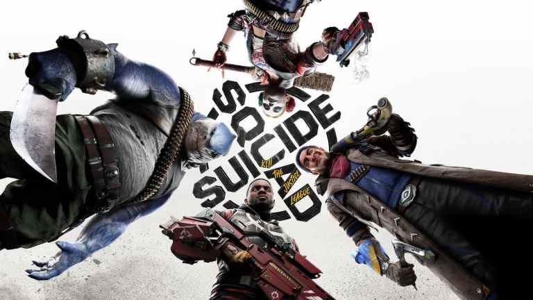 Promotion art for Suicide Squad: Kill the Justice League with character looking down and the logo above them.