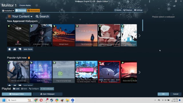 Wallpaper engine showing various custom wallpapers