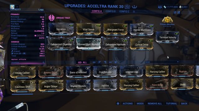 A screenshot of Warframe showing all the mods of the advanced build for the rifle Acceltra.