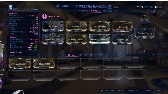 A screenshot of Warframe showing all the mods of the new player build for the rifle Acceltra.