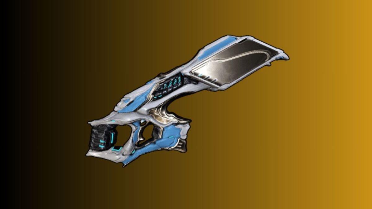 Warframe's Acceltra rifle on a gradient background.