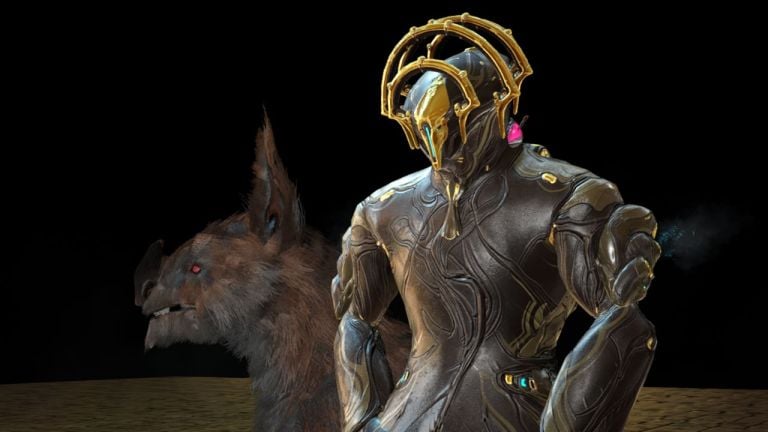 A Frost Prime in Warframe sitting next to a Kubrow.