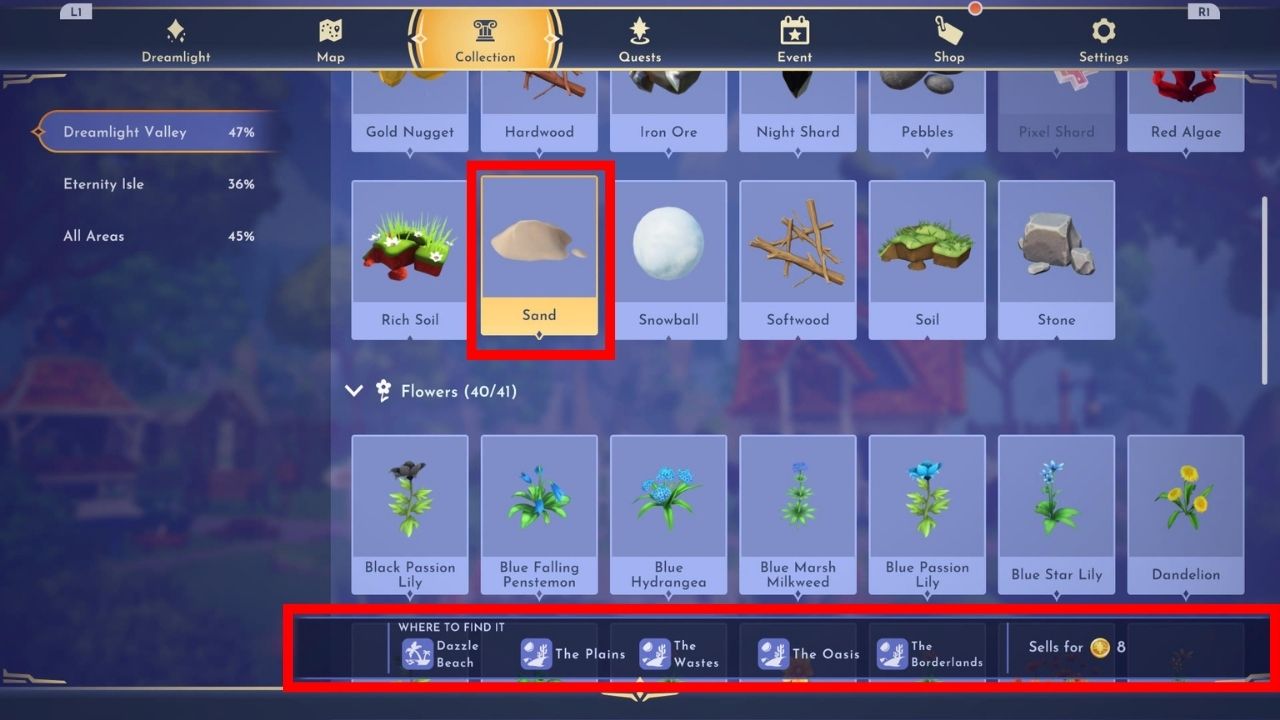 Forage journal in disney dreamlight valley showing Sand locations