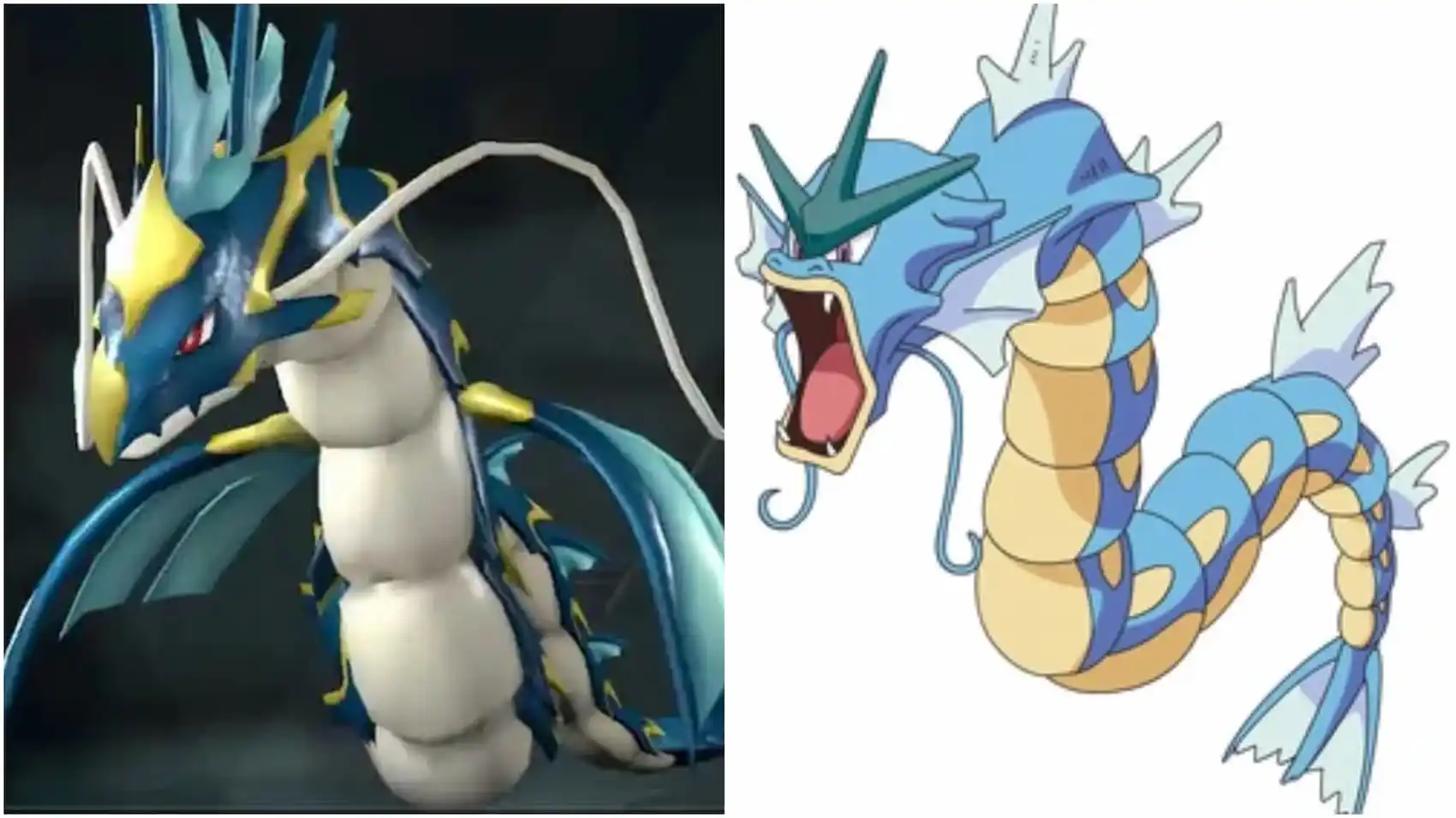 An image of the Palworld Pal Jormuntide and the Pokemon Gyarados