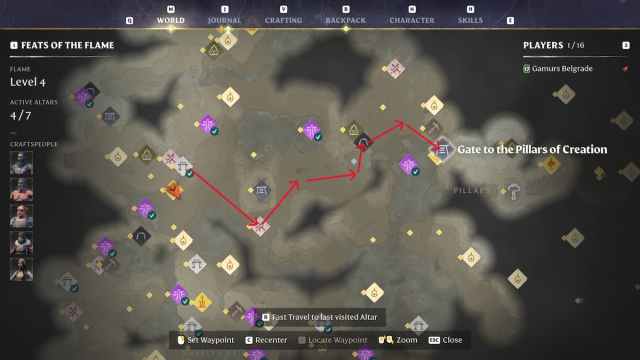 Map of Enshrouded showing how to get from Ancient Vault Farmer to Gate to the Pillars of Creation