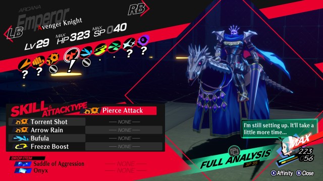 Avenger Knight's weakness in Persona 3 Reload is Fire, but it nullifies Ice and Pierce.