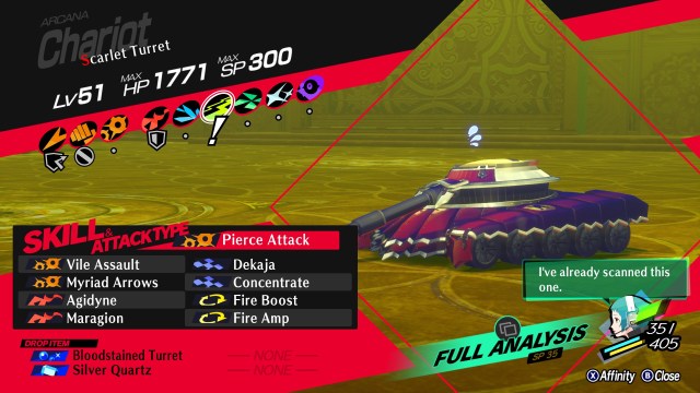 Scarlet Turret as scanned by Fuuka, showing its weakness is Electricity.