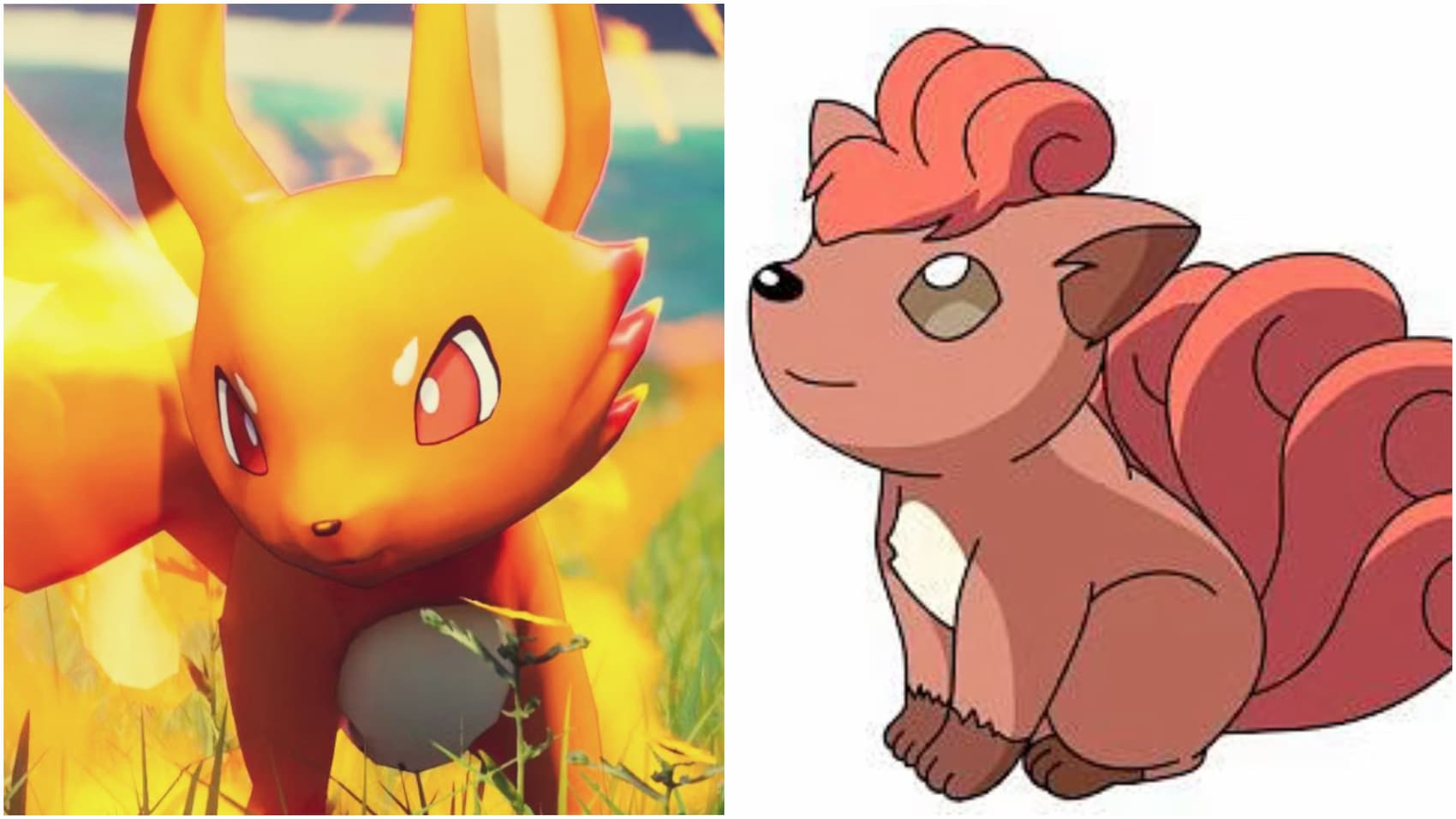 An image of the Palworld Pal Foxparks and the Pokemon Vulpix