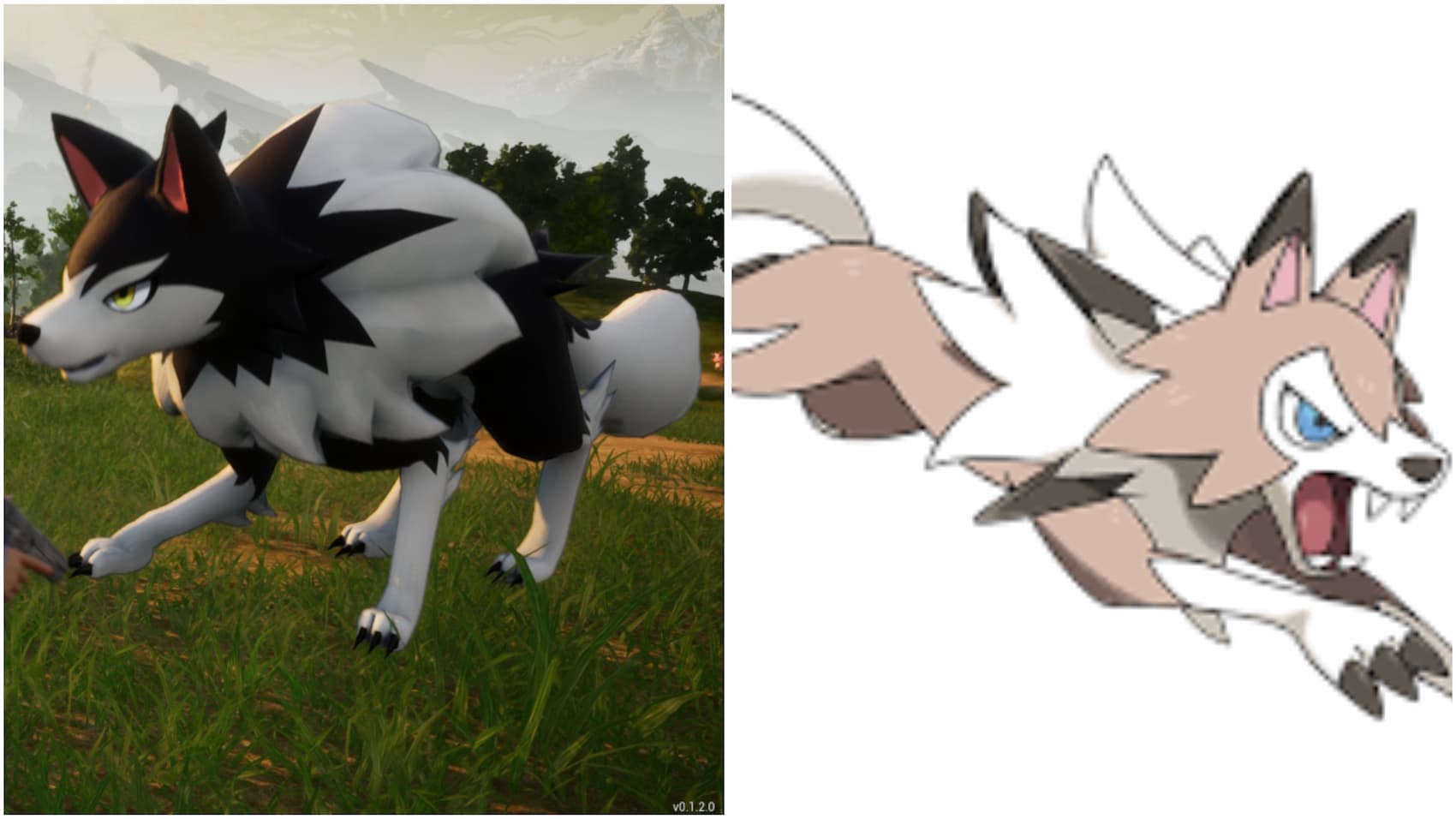 An image of the Palworld Pal Direhowl and the Pokemon Lycanroc