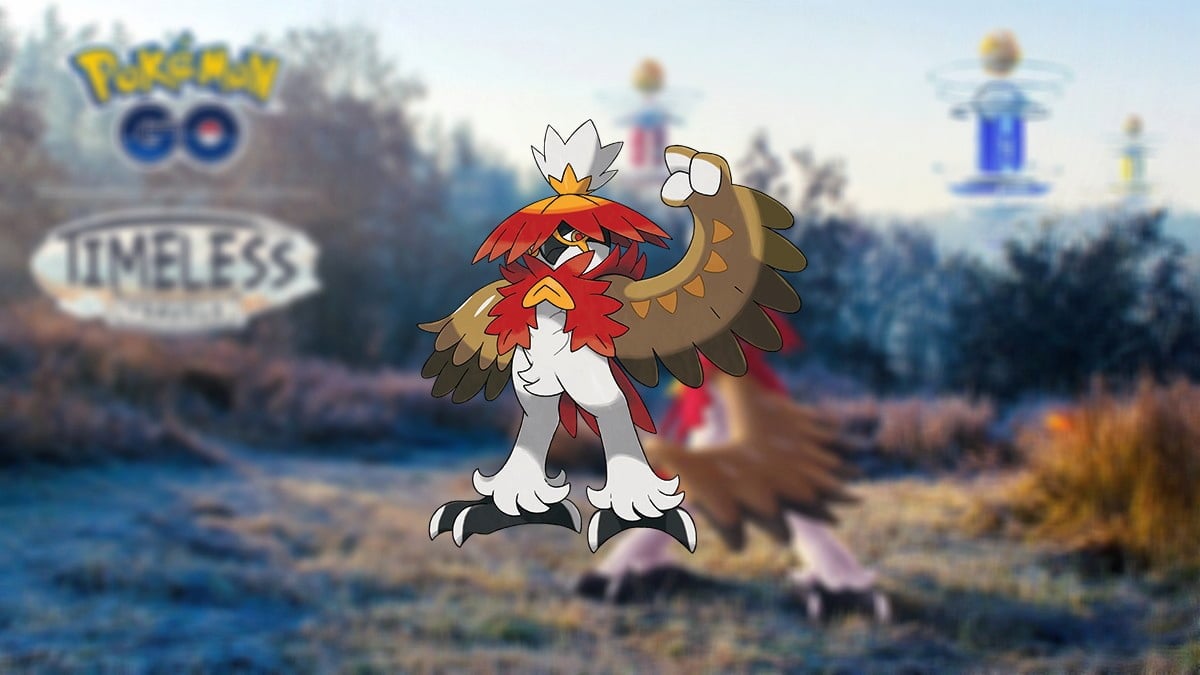 Hisuian Decidueye holding a fist up in Pokémon Go.