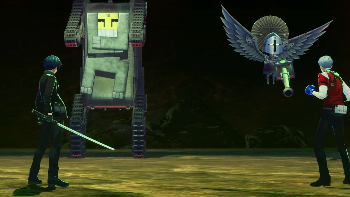 Persona 3 characters stand before the Tank-Form Shadow split into its two forms.