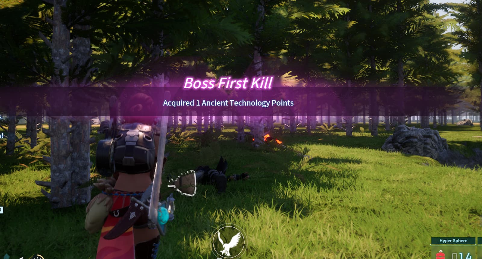 A purple banner stretches across a screenshot from Palworld showing a woman in a forest. The banner indicates that they have received an Ancient Technology Point for defeating a boss.