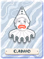 Canio, a Legendary Card from Balatro, showing a white Joker with a downward smile against a white background.