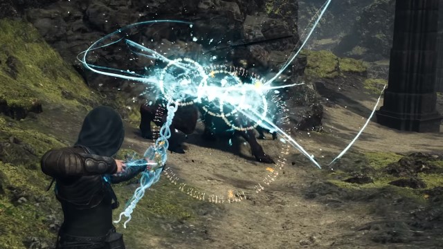 A man fires a barrage of magical arrows towards a monster in Dragon's Dogma 2.