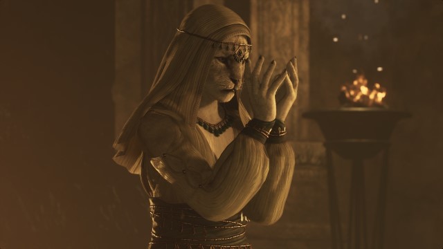 A cat-faced woman holds her hands up in prayer in Dragon's Dogma 2.