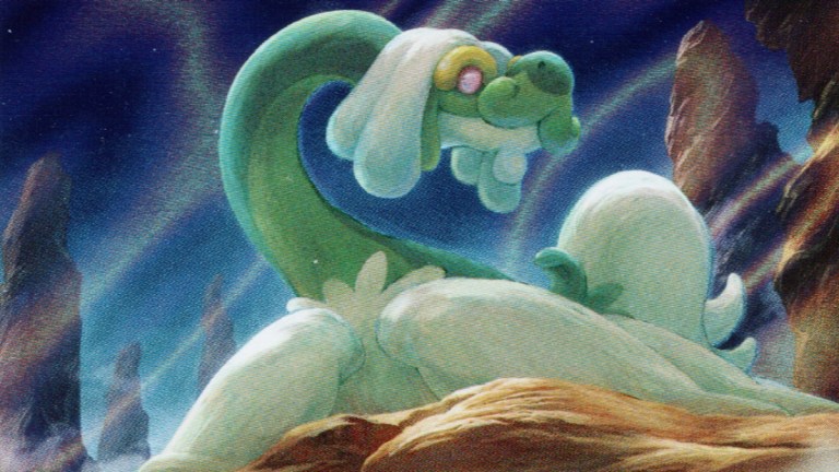 Drampa sitting on a ledge.