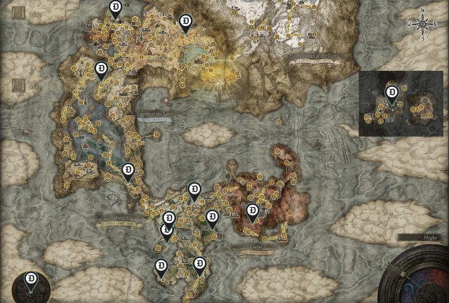 An image of the Elden Ring map, showing all 13 locations where it is possible to purchase Arrows.