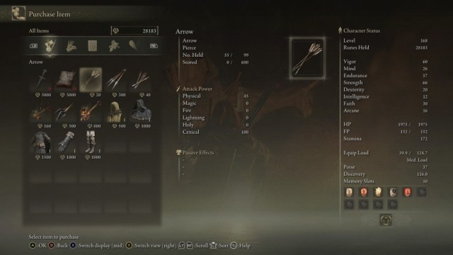 The Merchant screen in Elden Ring, with a focus on the Arrow item.