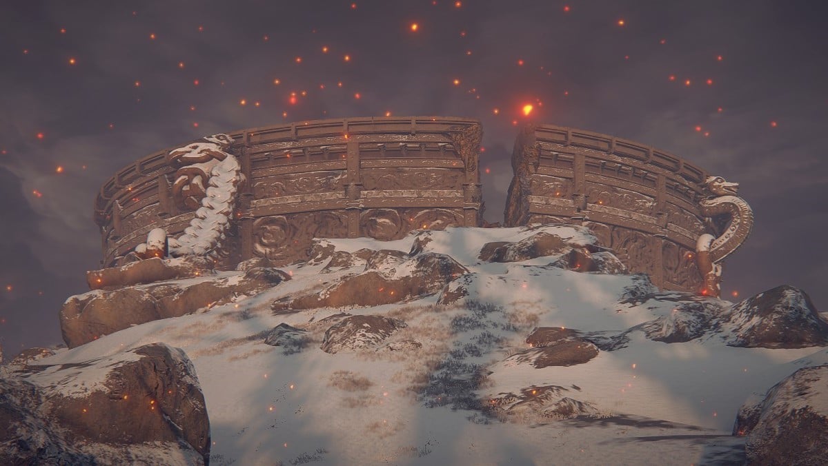 A large metal bowl is shown on the Mountaintop of the Giants in Elden Ring.