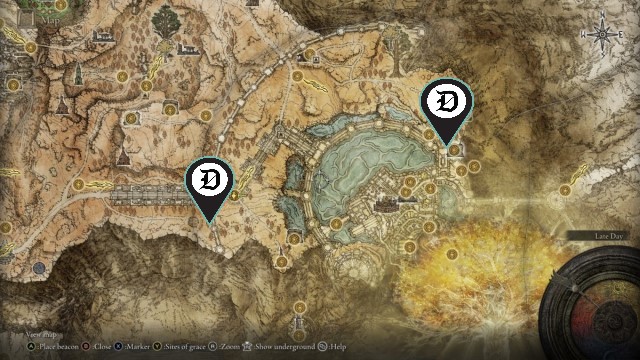 The steps to enter the capital city of Leyndell in Elden Ring, utilizing the Dot Esports icon, on the game's map.