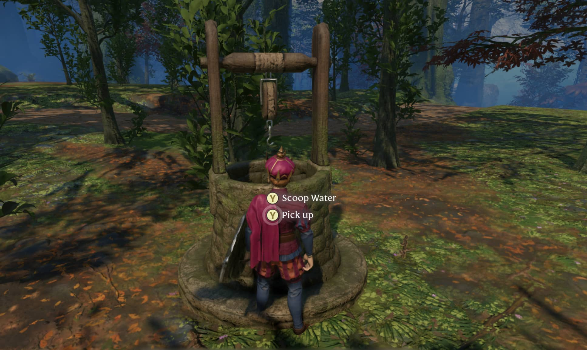 A character in Enshrouded, dressed in red royal attire, stands in front of a water well. Two options are presented: Scoop water, or Pick up the well.