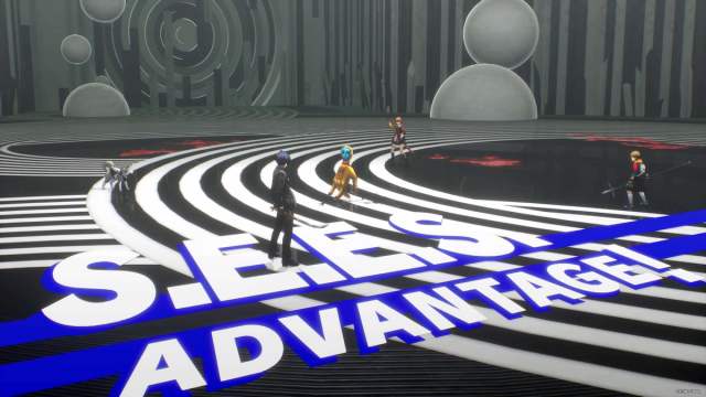 A party of characters battle against Glorious Hand in an arena in Persona 3 Reload.