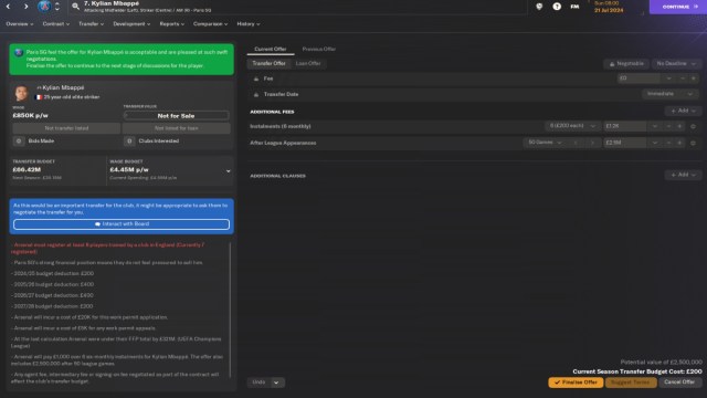 A transfer offer for Kylian Mbappe is accepted by PSG in Football Manager 24.