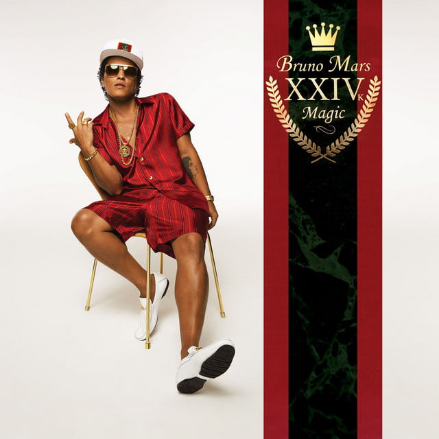 An image of the cover art to 24K Magic, a song by Bruno Mars in Fortnite Festival. This art includes Bruno sitting on a chair in a red outfit against a white background. 
