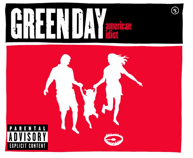An image of the American Idiot cover art, which features songs in Fortnite Festival. This cover is a red graphic with a white cut off of a husband and wife with their child. 