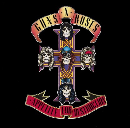 An image of the cover art for Appetite For Destruction, which features three different songs in Fortnite Festival. This includes a cross with the band members faces on it. 