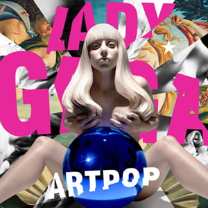 An image of the Applause cover art from Fortnite Festival. This includes Lady Gaga sitting behind a large blue ball. 