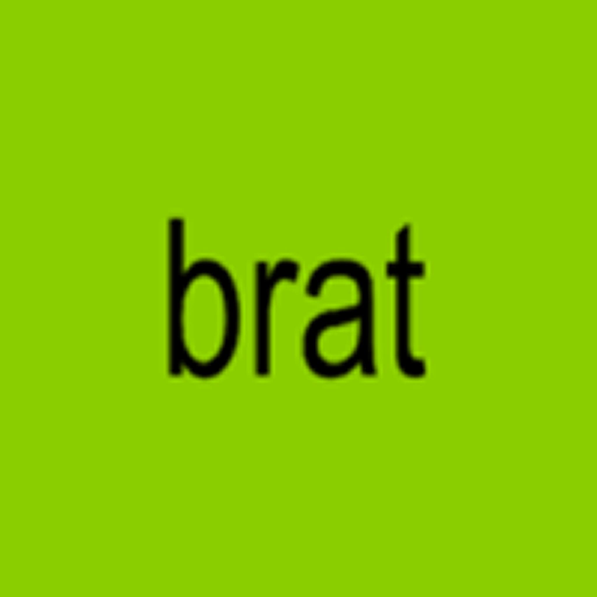 An image of the brat cover art for the song apple, which appears in Fortnite Festival. This cover are is a lime green background with black text that spells out brat. 