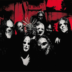 An image from Fortnite Festival of the Before I Forget cover art, which features the band Slipknot in black and white with a red background. 