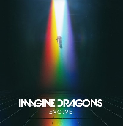 An image of the Believer cover art, a song in Imagine Dragons. This features a person getting lifted up by different colored lights. 