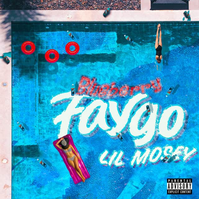 An image of the Blueberry Faygo cover art. This features a pool with text and a woman resting on a red raft. 