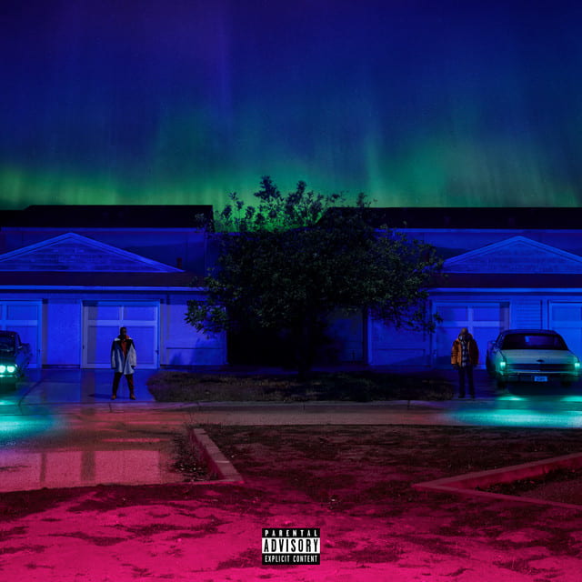An image of the cover art of Boune Back, a song by Big Sean in Fortnite Festival. This cover is red and blue and showcases two suburban houses. 