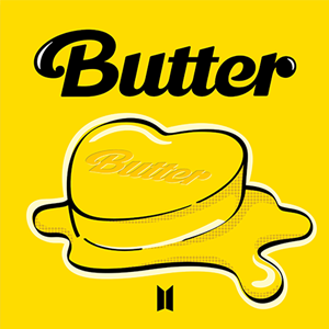An image of the Butter cover art from Fortnite Festival. This BTS song features a heart made out of butter that is melting. 
