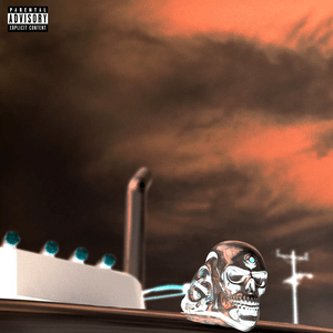 An image of the cover art for Bad Bunny's Dakiti, a song in Fortnite Festival. This art showcases a metal skull against a black and orange sky. 