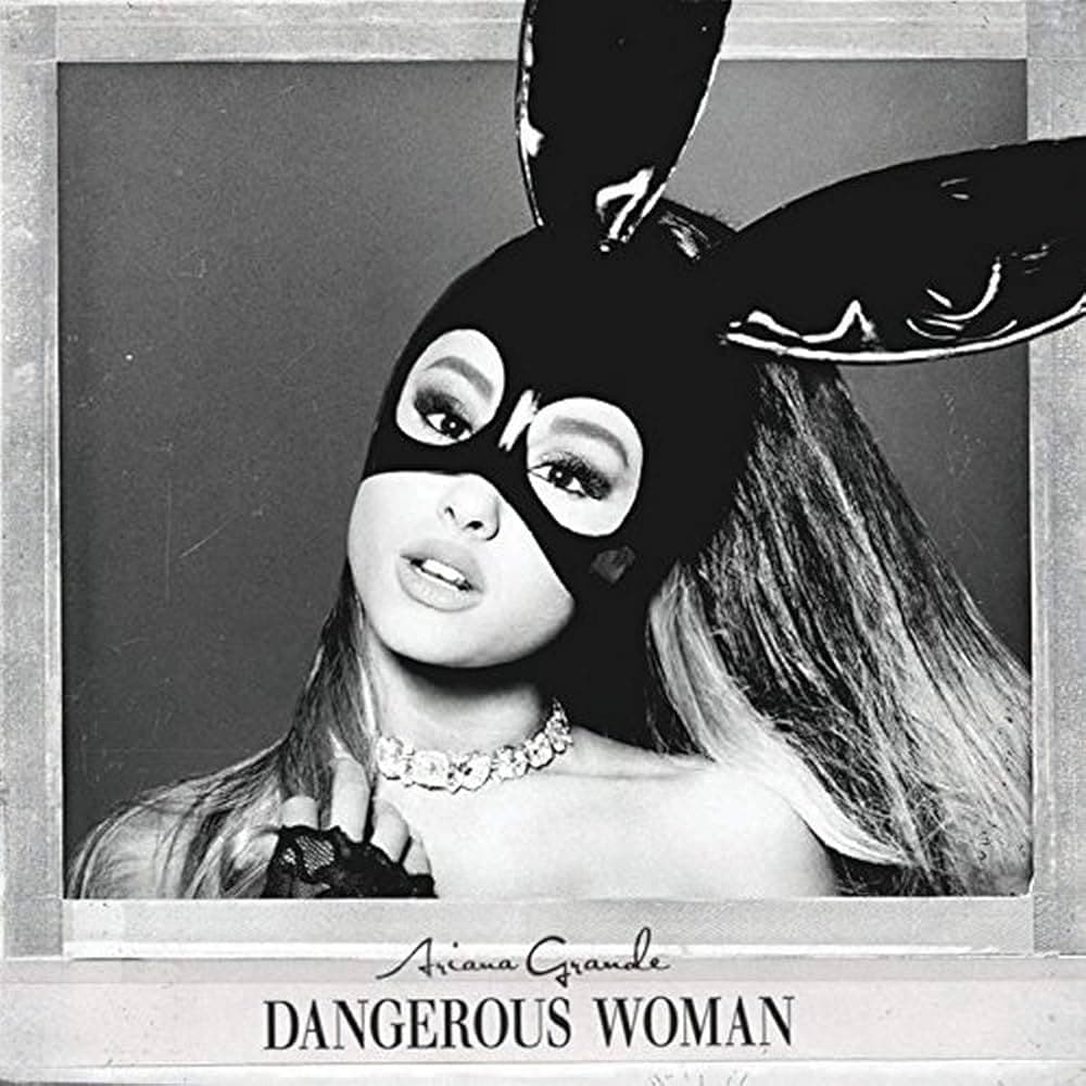 An image of the Dangerous Woman cover art that includes the songs Into you and Side to Side, which are both in Fortnite Festival. The album showcases Ariana Grande on the cover in a bunny mask. 