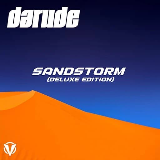 An image of the cover art of Sandstorm by Darude. This classic song is in Fortnite Festival and the cover showcases an orange sand dune and blue sky. 