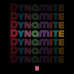 An image of the cover art for Dynamite, a song by BTS in Fortnite Festival. This cover art features the word Dynamite in rainbow colors against a black background. 