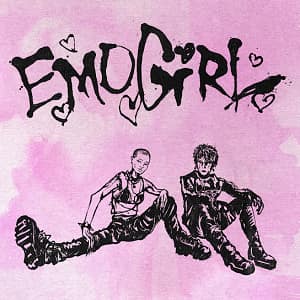 An image from the Emo Girl cover art from Fortnite Festival. This pink cover art features drawn versions of Willow and MGK in black ink. 