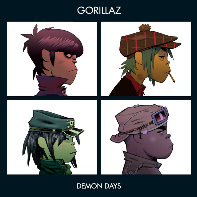 An image of the cover art for Feel Good Inc, a song in Fortnite Festival. This image features four different cartoon monkeys dressed up to represent the band members.