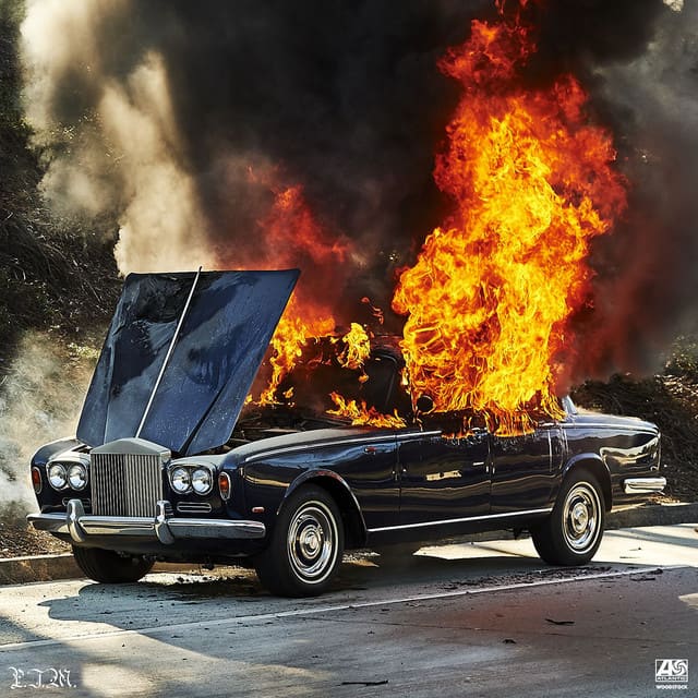 An image of the Feel It Still cover art from Fortnite Festival, which features a burning car. 