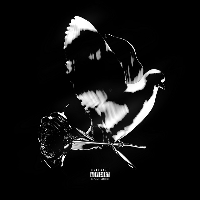 An image of the For The Night cover art from Fortnite Festival, which features the outline of a bird holding two roses. 