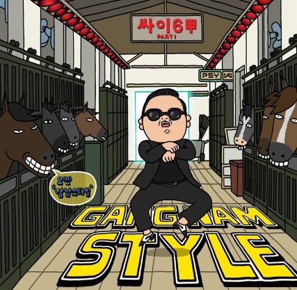 An image from Fortnite Festival of the Gangnam Style cover art, which features the singer in an animated drawing with horses. 